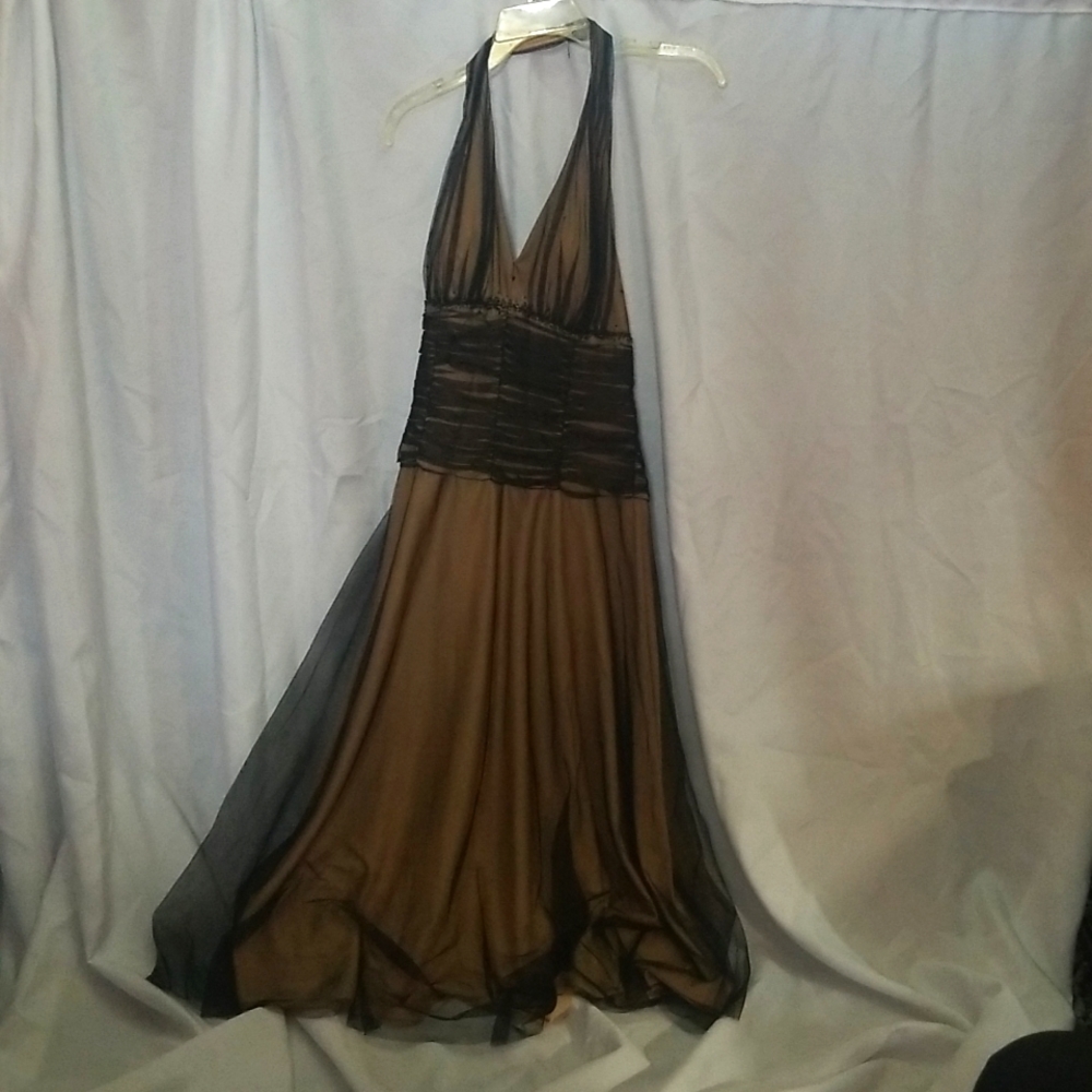 Flowy tan and Black Prom halter dress w ruching and beading,  12